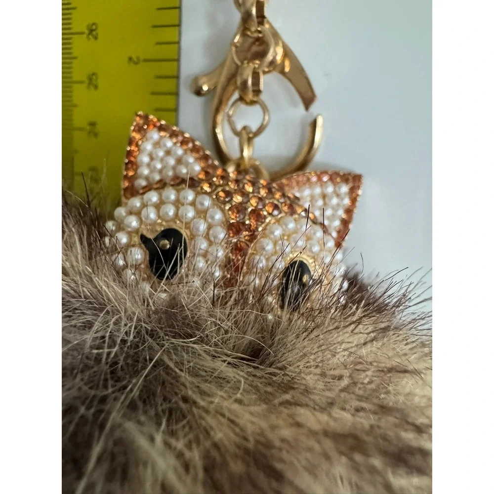 Gold Tone Fox Faux Fur Pom Pom Bag Charm Keychain Rhinestone Pearl Brown Tan